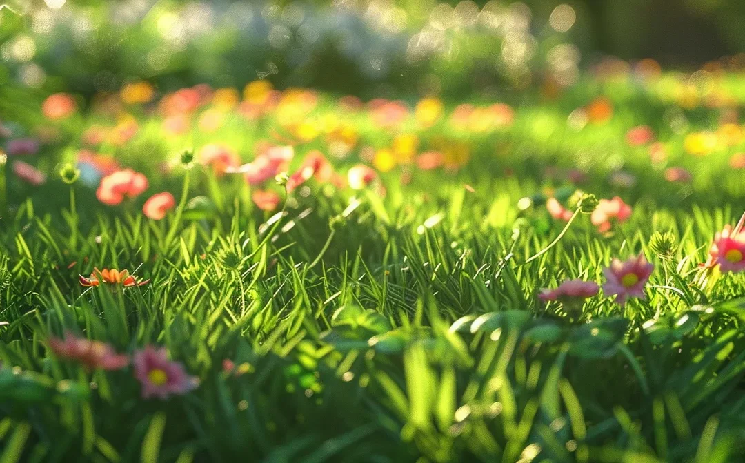 a lush, vibrant green lawn with colorful flowers blooming in a serene garden setting.