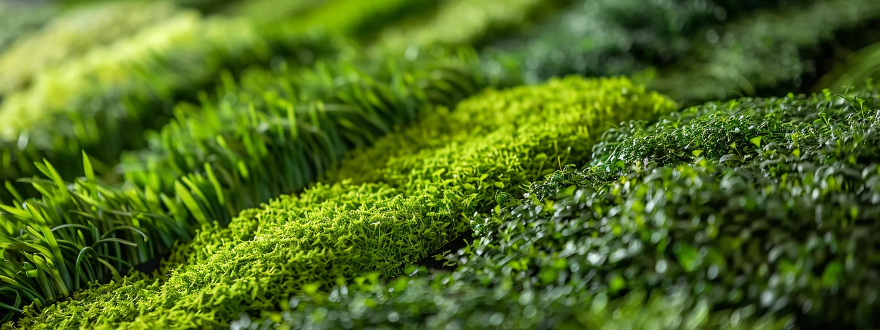 a close up shot of vibrant lush green grass varieties neatly stacked and ready for purchase in a garden center