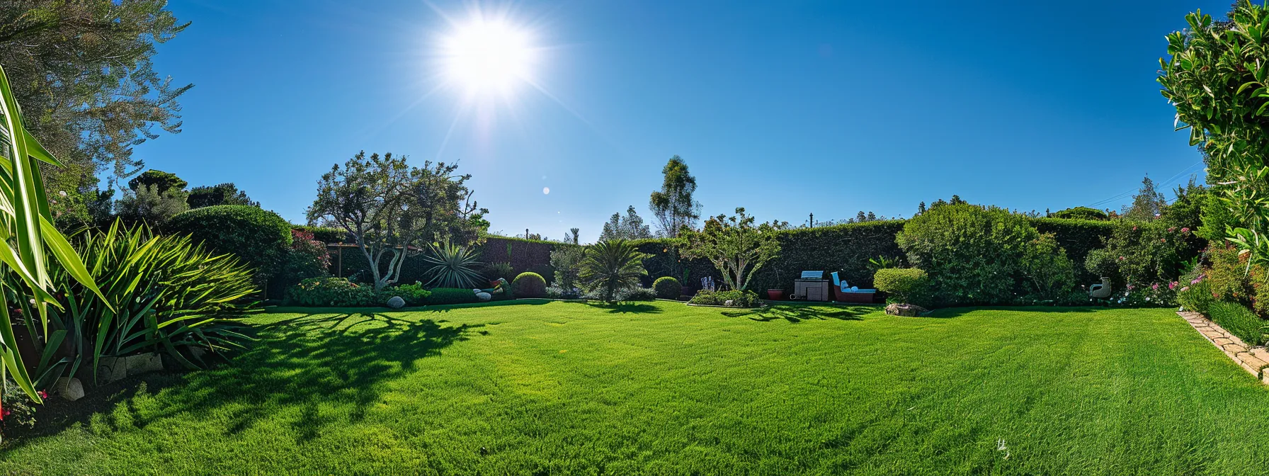 a sun drenched garden adorned with vibrant green grass under a clear blue sky showcasing the ideal environment for a lush lawn