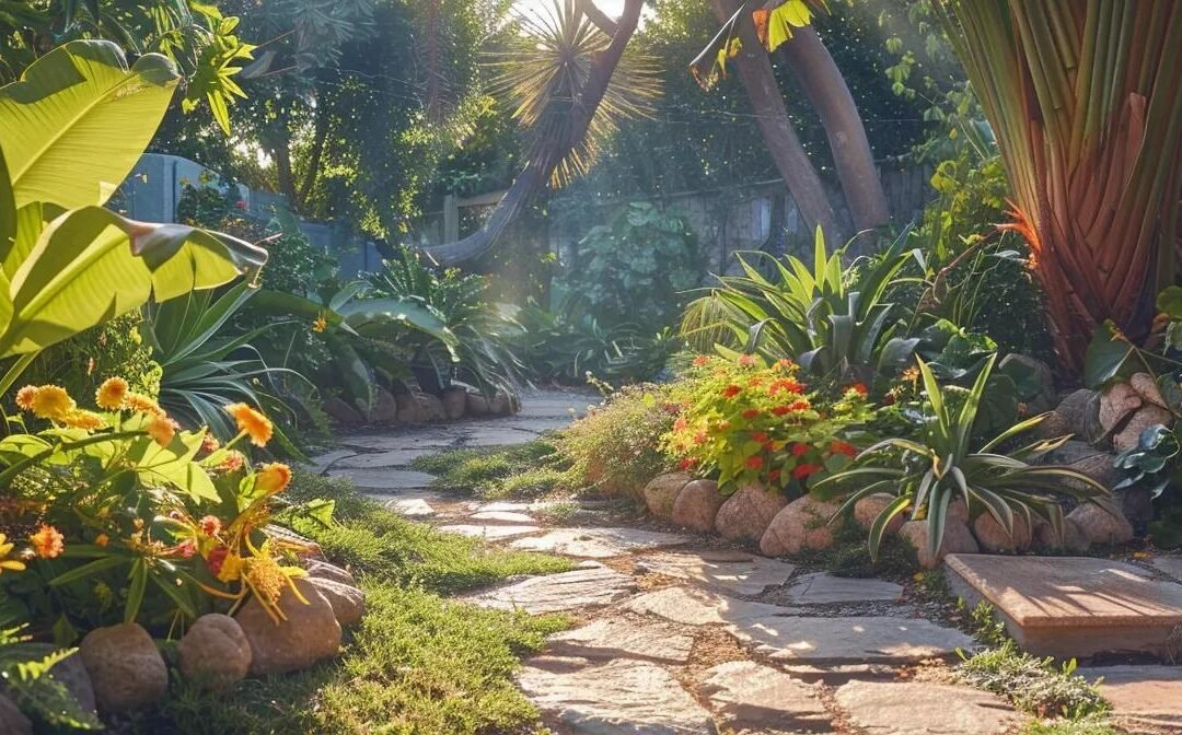 a vibrant backyard landscape, showcasing lush greenery and colorful flowers, perfectly illustrating the art of landscaping with careful budgeting and design in a sun-drenched setting.